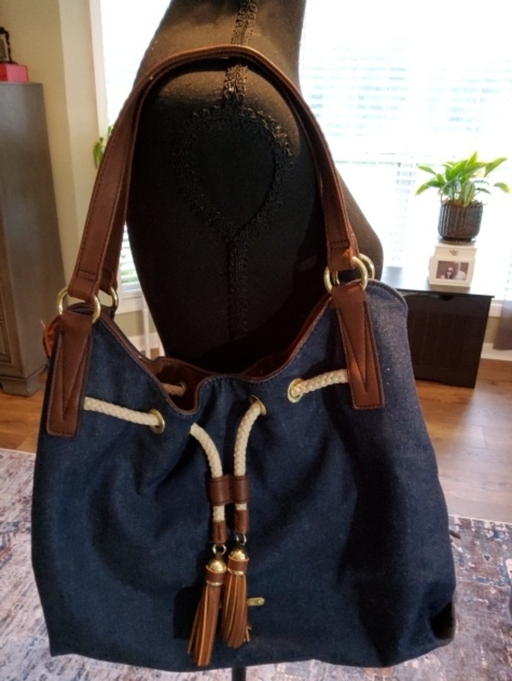 Liz Claiborne Denim Bucket Bag Purse Brown Accents Tassel Drawstring